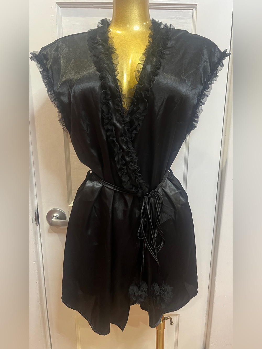 Vintage Cinema Étoile Y2K Black Satin Ruffle Mini Robe Coquette Pom Pom Large